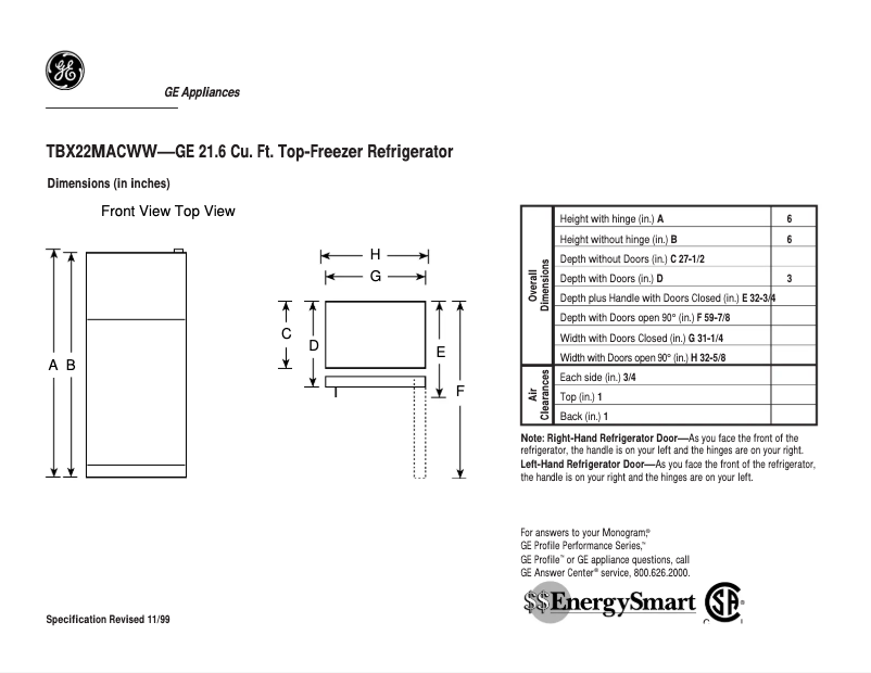 Página 1 del manual Ficha técnica GE TBX22MACWW