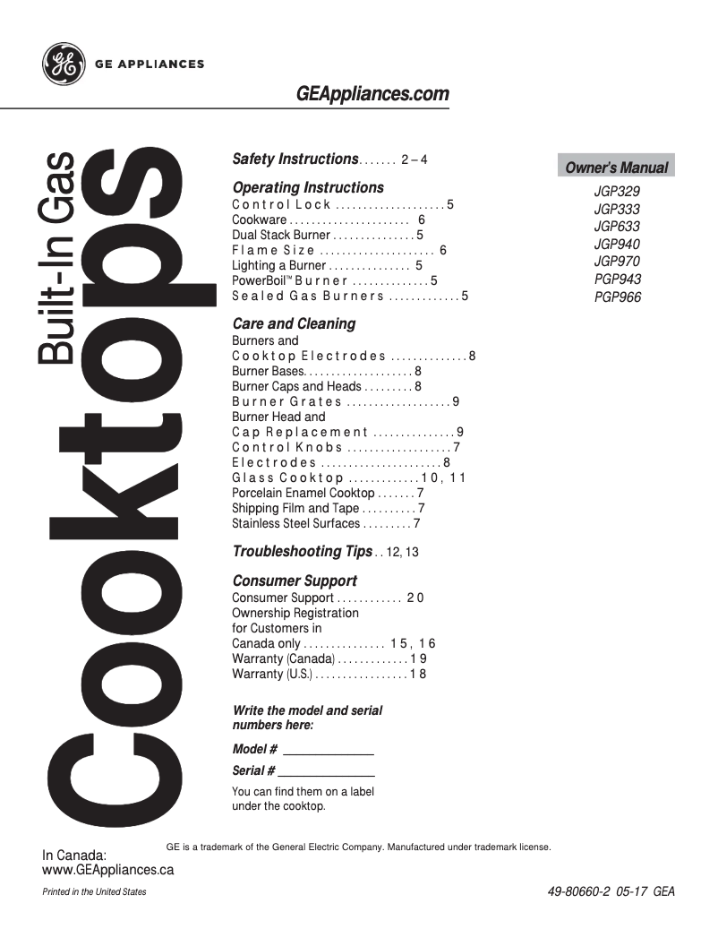 First page image of the manual for Profile JGP940BEKBB