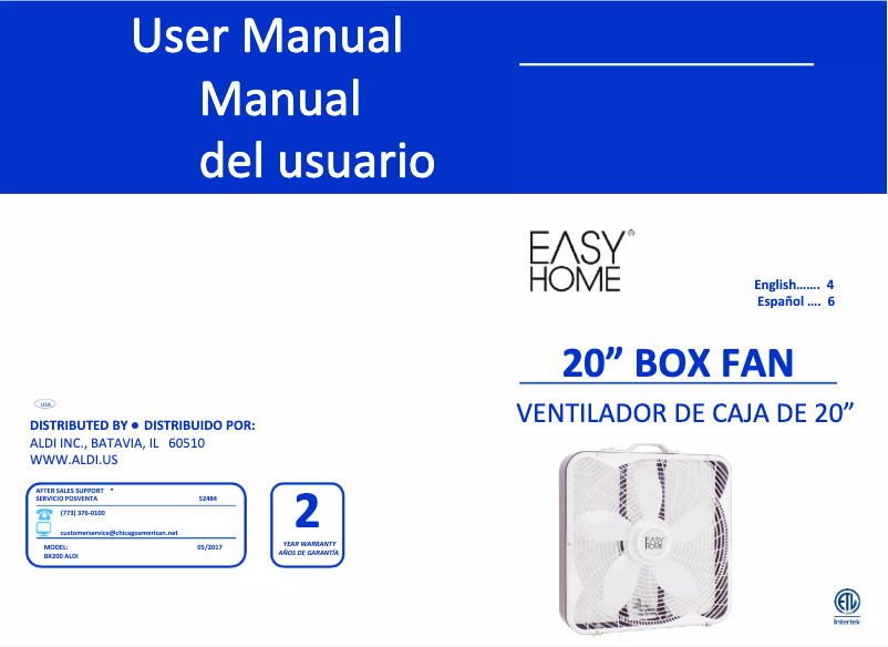 Page 1 de la notice Manuel utilisateur Easy Home Box Fan BX200ALDI