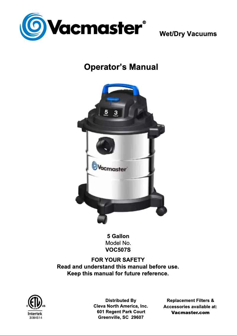 Page n°1 - Manuel utilisateur Vacmaster VOC507S