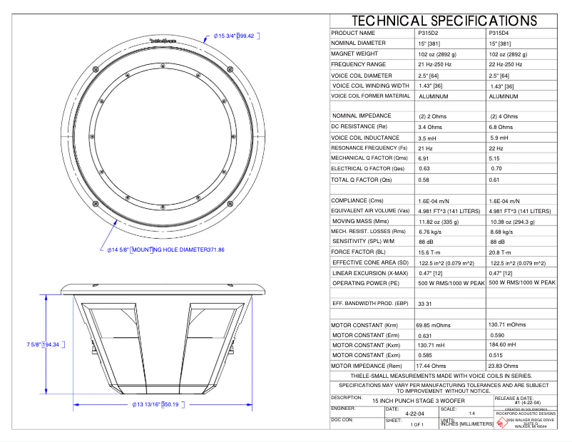 Page n°1 - Fiche technique Rockford Fosgate Punch P310D4