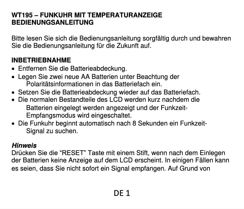 Page 1 de la notice Manuel utilisateur Techno Line WT 195