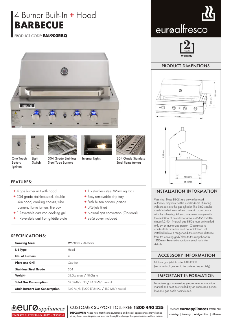 Page 1 de la notice Fiche technique Euro Appliances EAL900RBQ