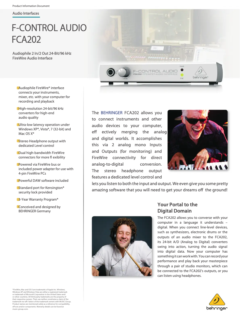 Página 1 del manual Ficha técnica Behringer F-Control Audio FCA202