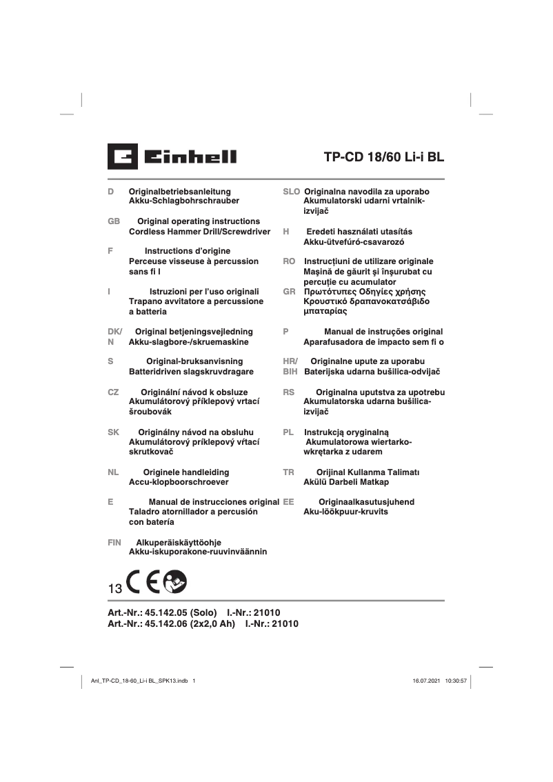 Page 1 de la notice Manuel utilisateur Einhell TP-CD 18/60 Li- i BL Solo