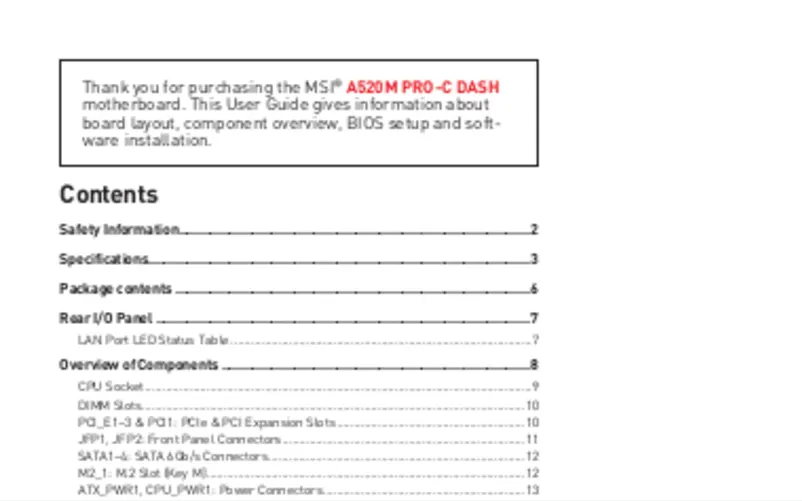 Page 1 de la notice Manuel utilisateur MSI A520M PRO-C DASH