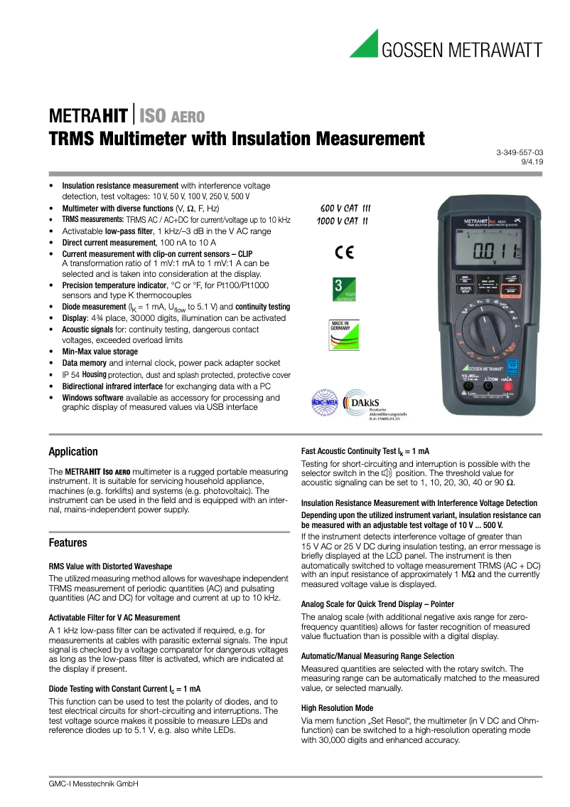 Page 1 de la notice Fiche technique Gossen Metrawatt Metrahit ISO AERO