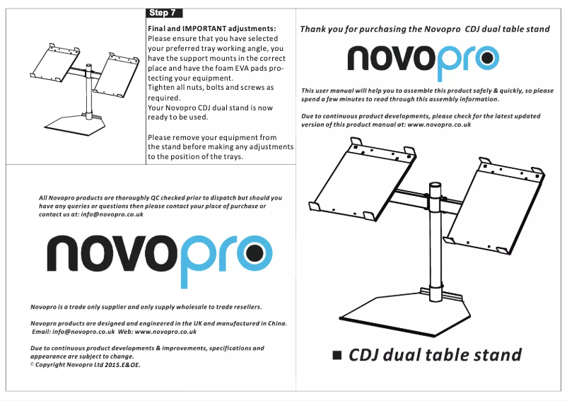 Page 1 de la notice Manuel utilisateur NovoPro CDJ Dual Table Stand