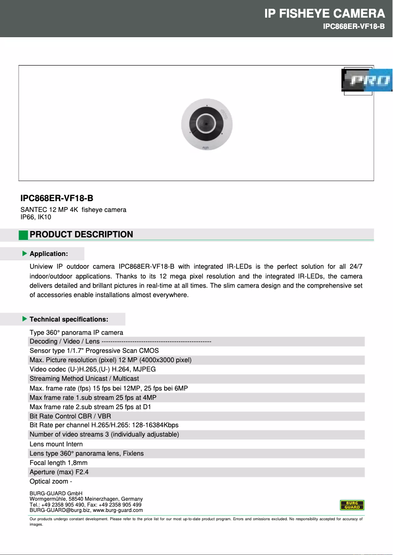 Page 1 de la notice Fiche technique Burg Wächter IPC868ER-VF18-B