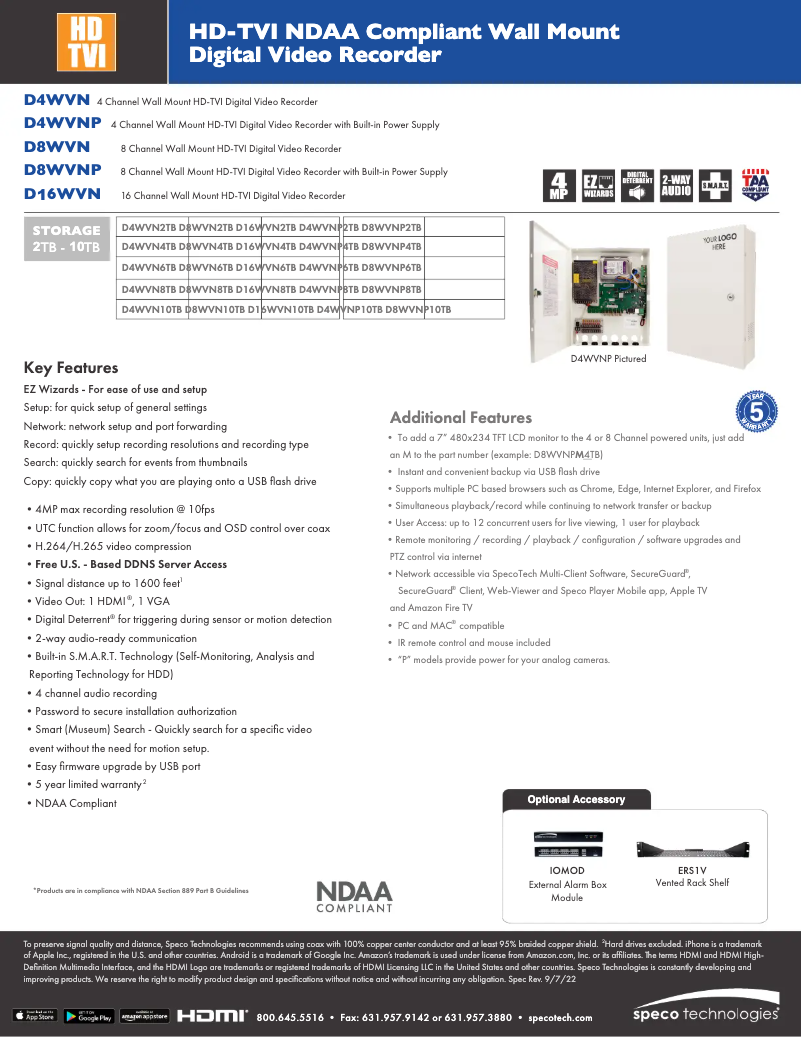 Page 1 de la notice Fiche technique Speco Technologies D8WVNPM