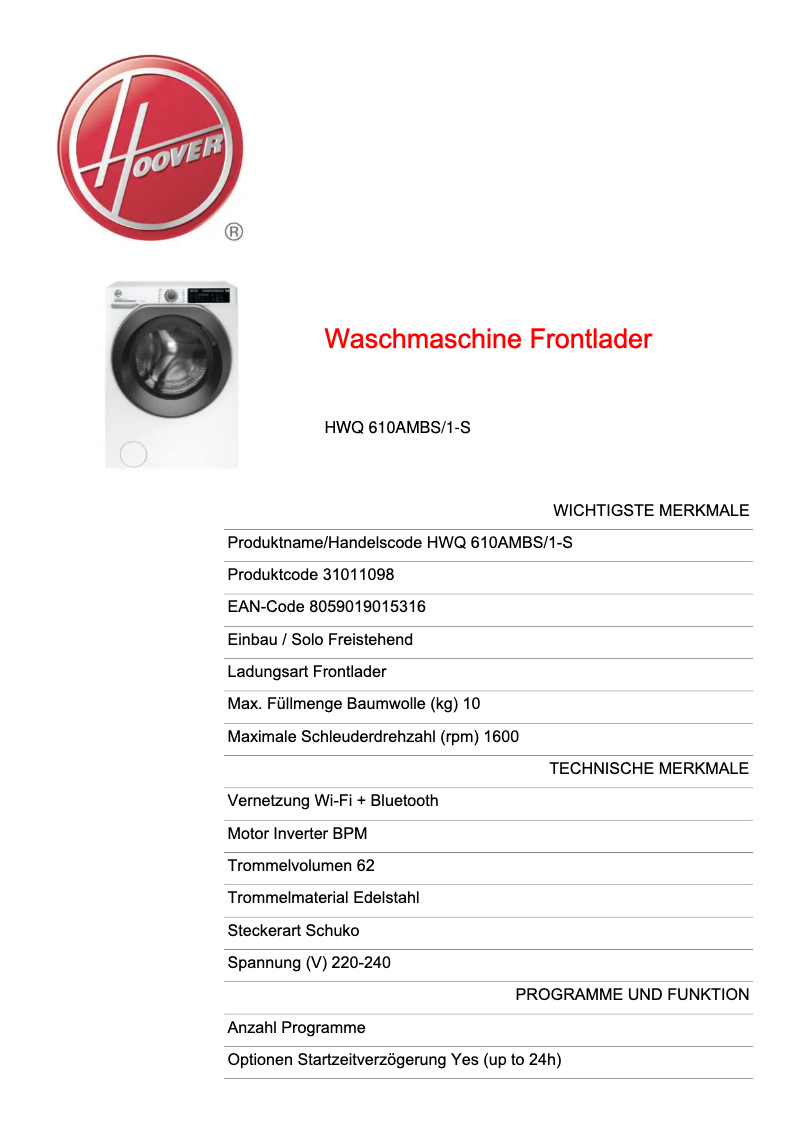 Page 1 de la notice Fiche technique Hoover H-WASH 500 HWQ 610AMBS/1-S