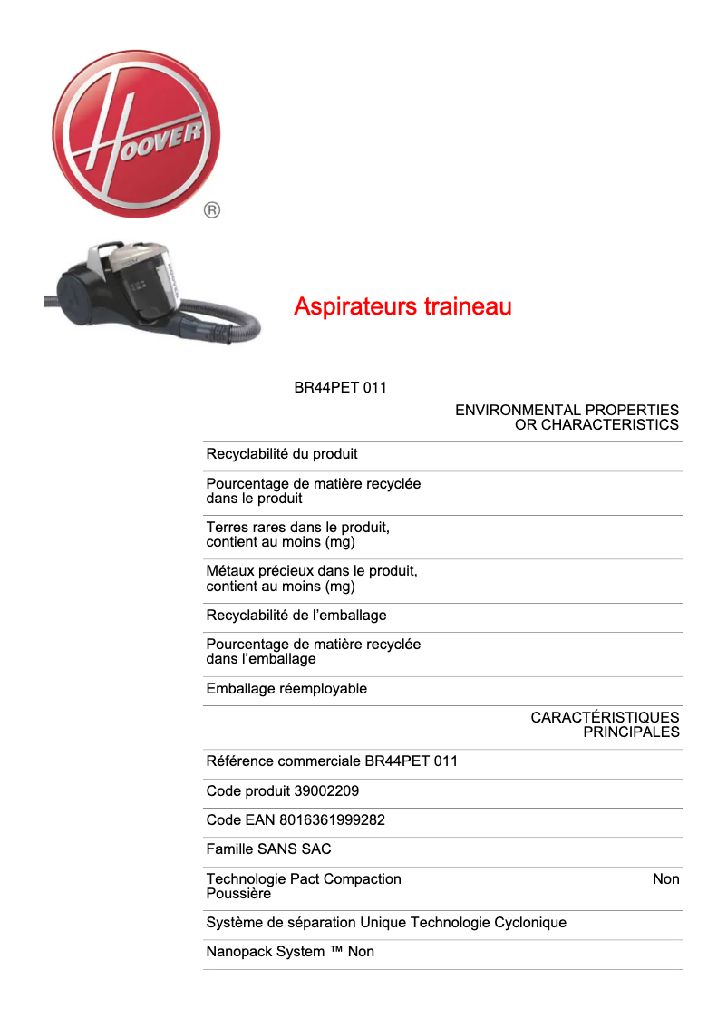 Page n°1 - Fiche technique Hoover BR44PET 011