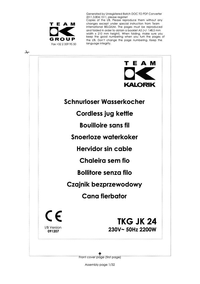 Page n°1 - Manuel utilisateur Kalorik TKG JK 24