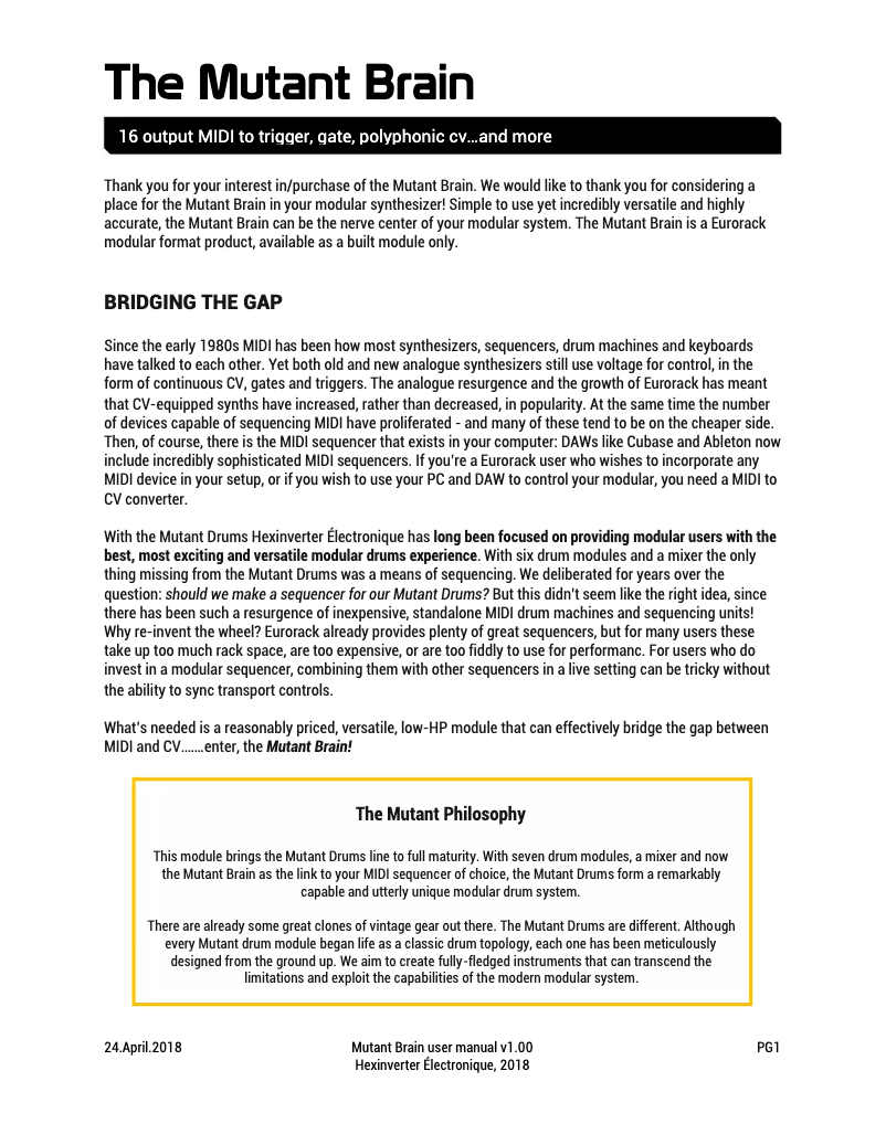 Image de la première page du manuel de l'appareil The Mutant Brain