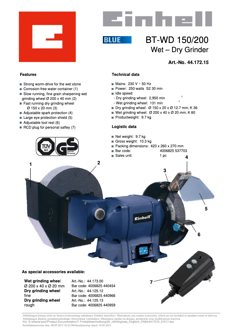 Página 1 del manual Ficha técnica Einhell BT-WD 150/200