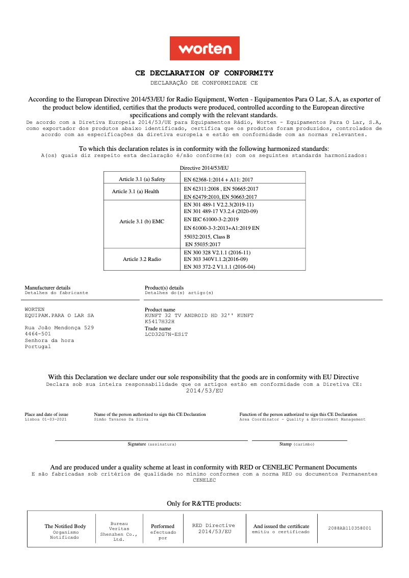 Page 1 de la notice Manuel utilisateur Kunft K5417H32H