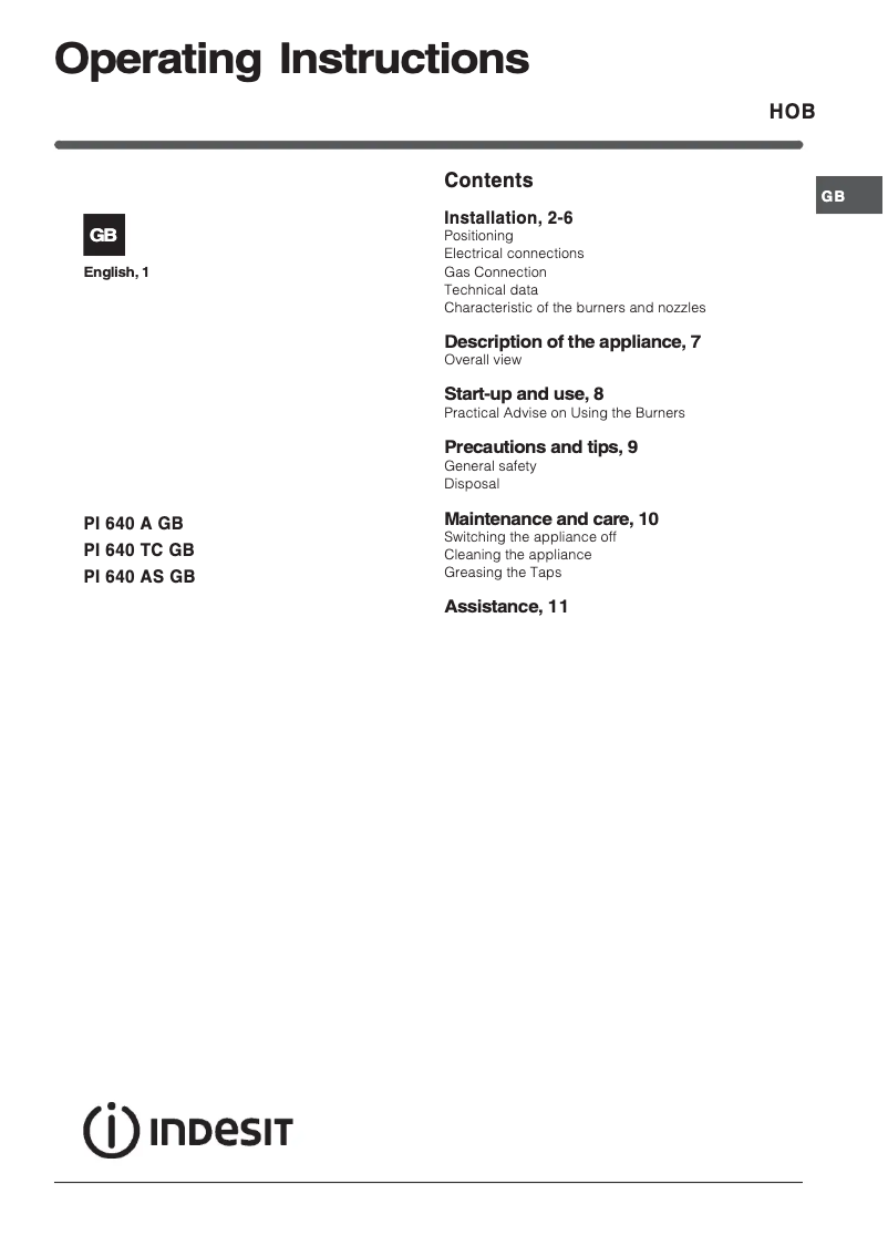 Page 1 de la notice Manuel utilisateur Indesit PI 640 AS (WH) GB