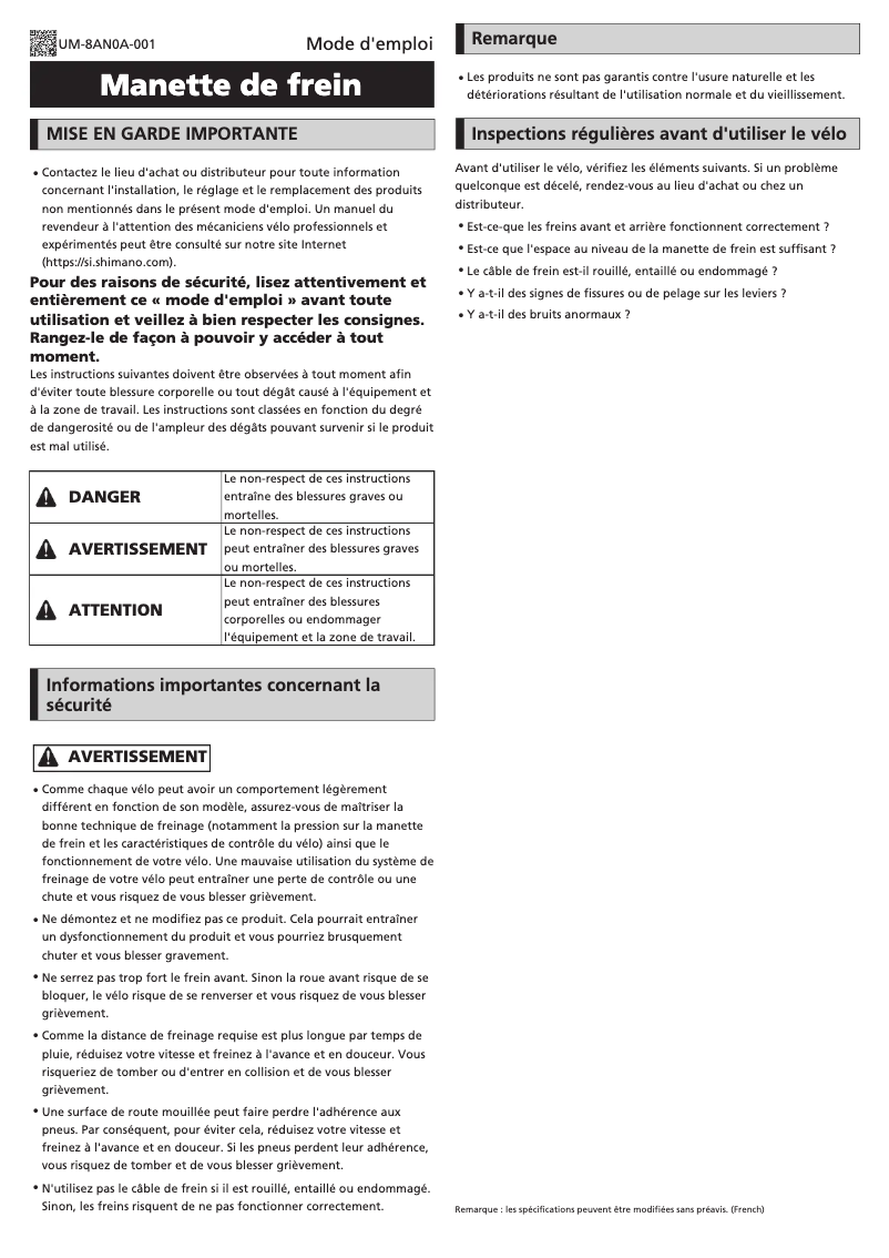Page 1 de la notice Manuel utilisateur Shimano BL-C6000
