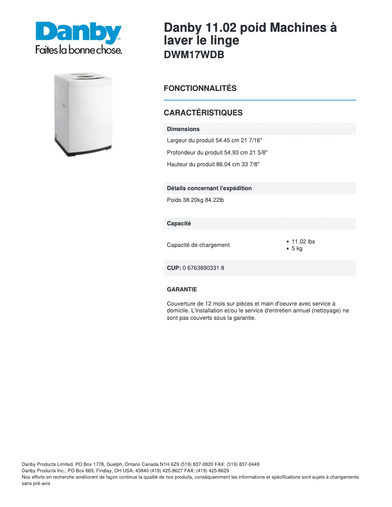 Page 1 de la notice Fiche technique Danby DWM17WDB