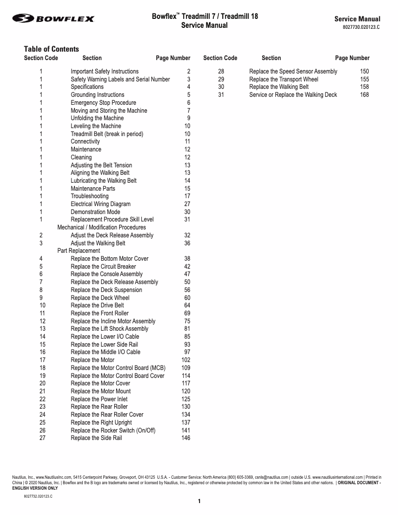Page n°1 - Manuel utilisateur Bowflex Treadmill 18