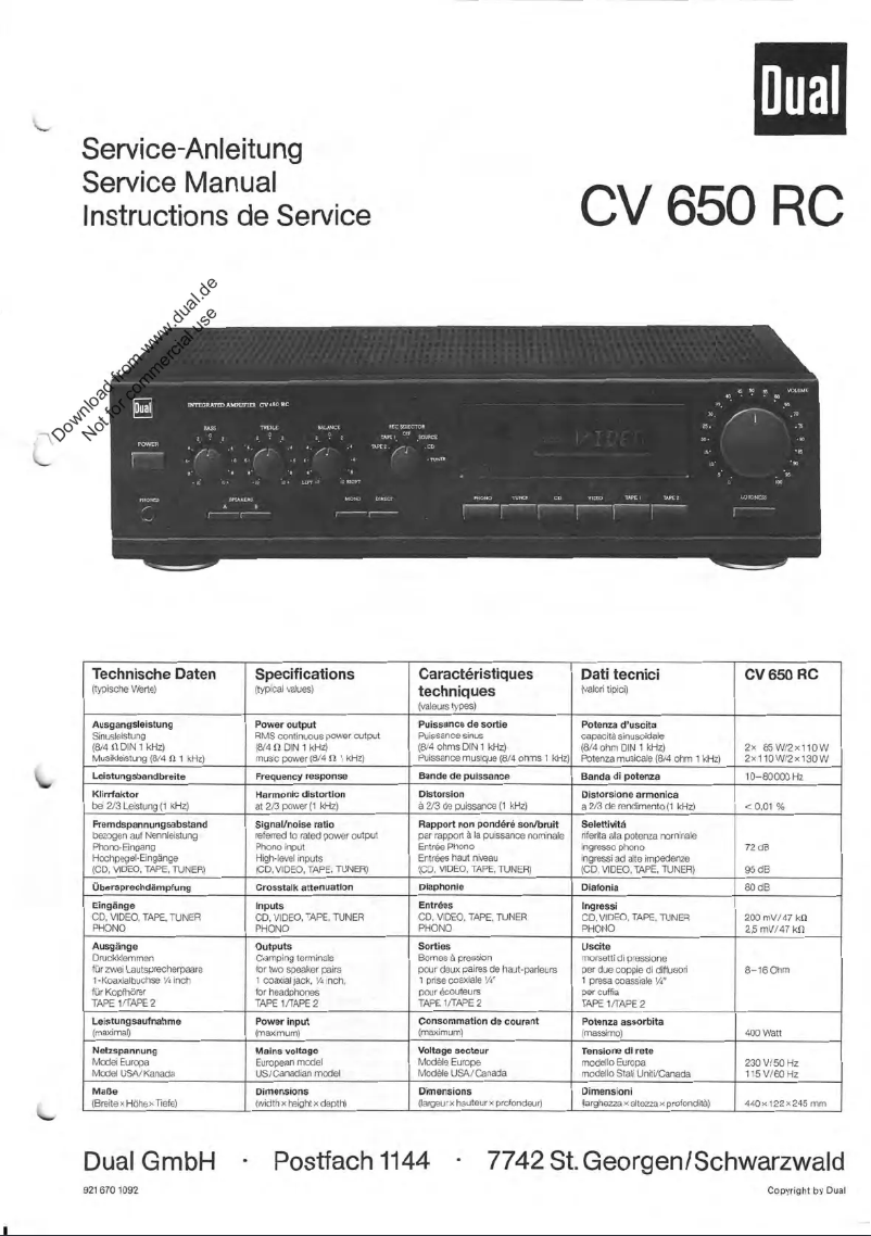 Page 1 de la notice Manuel utilisateur Dual CV 650 RC