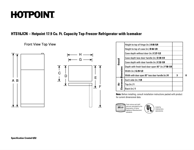 Page 1 de la notice Fiche technique Hotpoint HTS18JCNWW