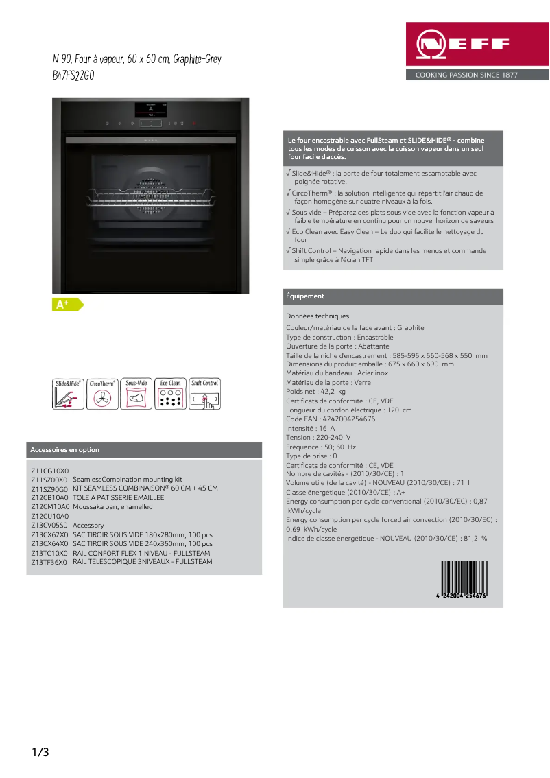 Página 1 del manual Ficha técnica Neff B47FS22G0