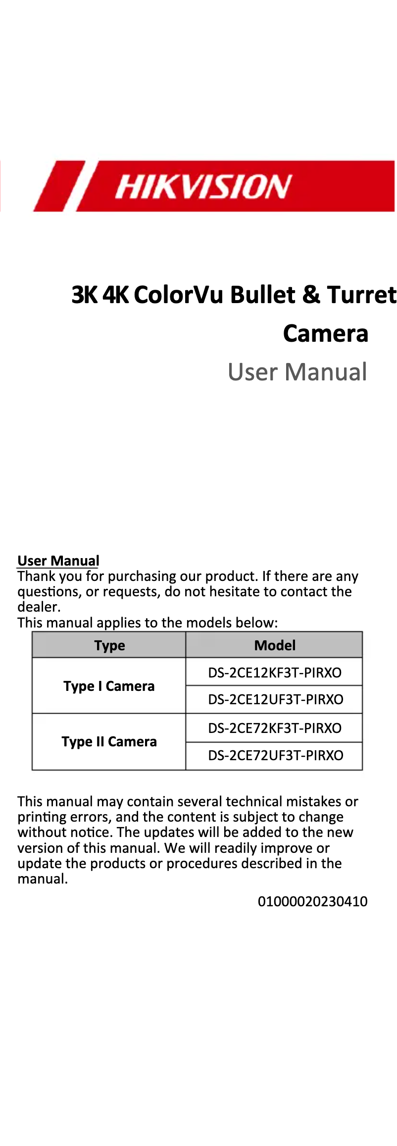 Page 1 de la notice Manuel utilisateur Hikvision DS-2CE72KF3T-PIRXO