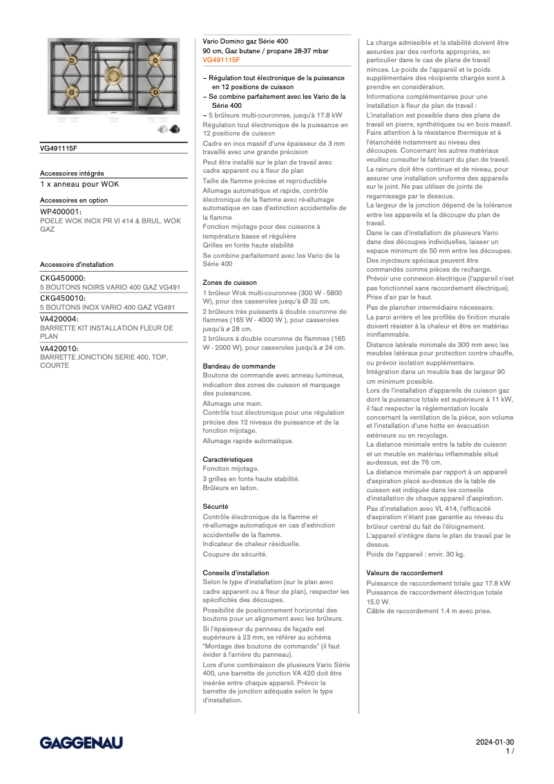 Página 1 del manual Ficha técnica Gaggenau VG491115F