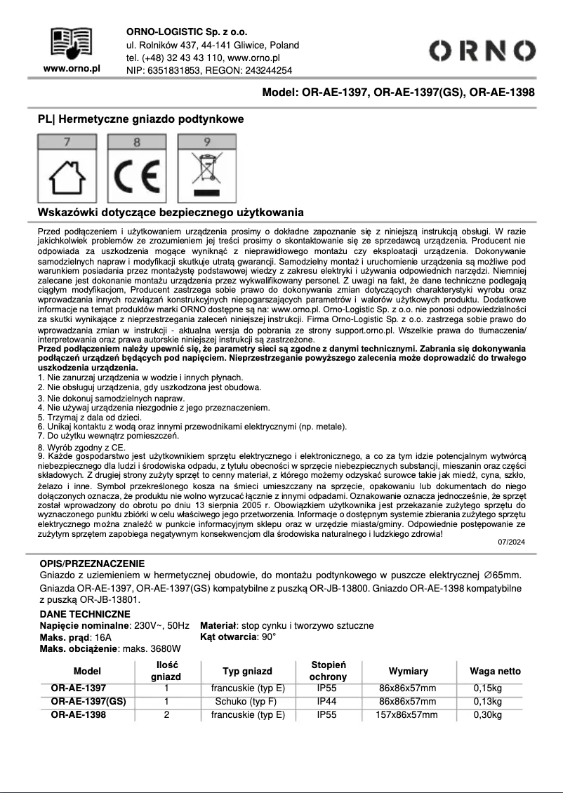 Image de la première page du manuel de l'appareil OR-AE-1397