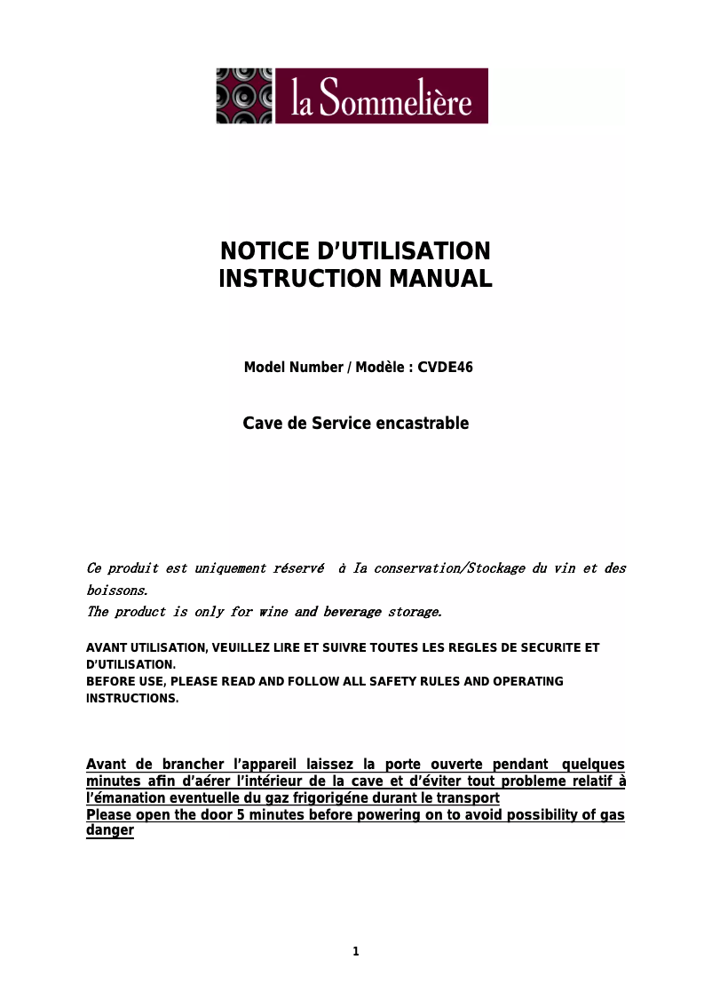 Page n°1 - Manuel utilisateur La Sommelière CVDE46