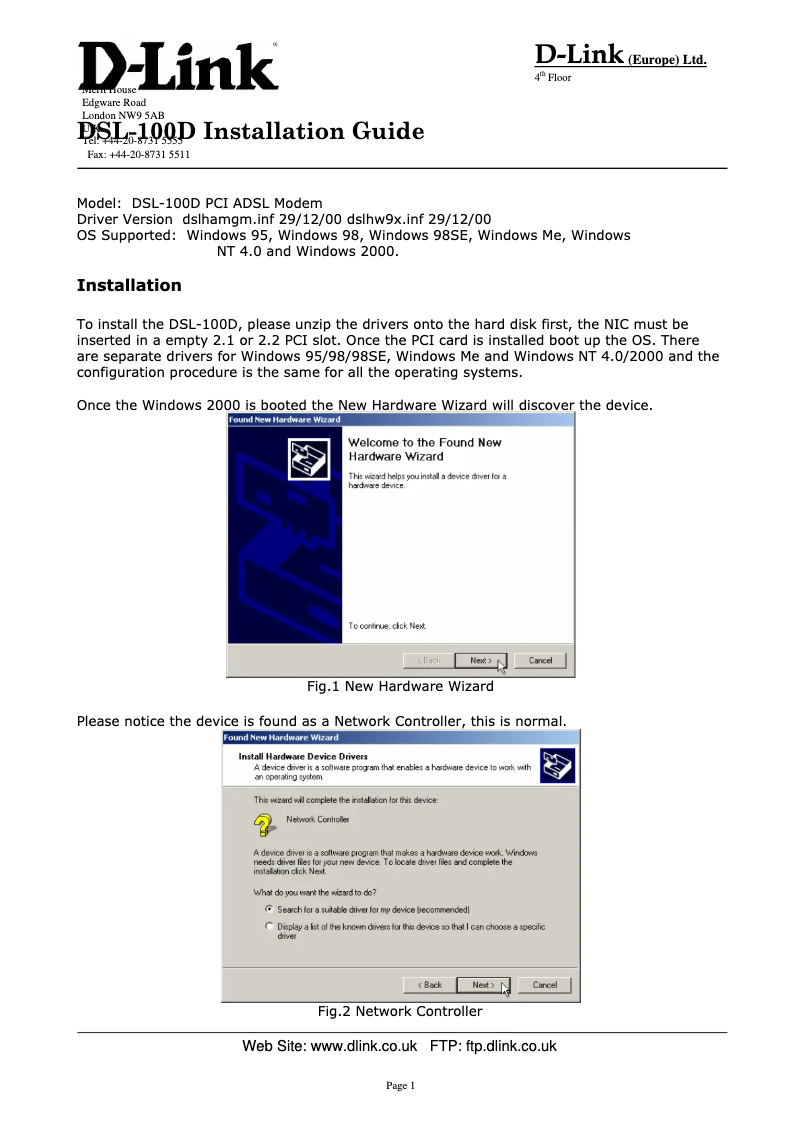 Page 1 de la notice Guide d'installation D-Link DSL-100D