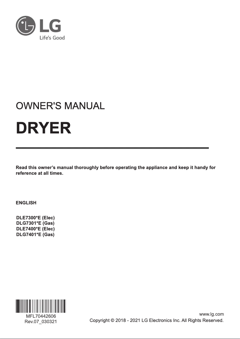 Page 1 de la notice Manuel utilisateur LG DLE7400WE