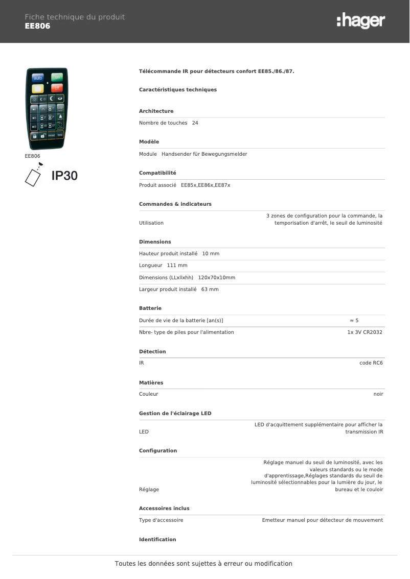 Page n°1 - Fiche technique Hager EE806