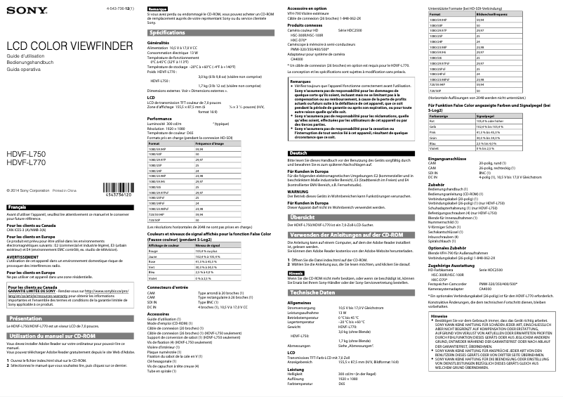 Page 1 de la notice Manuel utilisateur Sony HDVF-L750