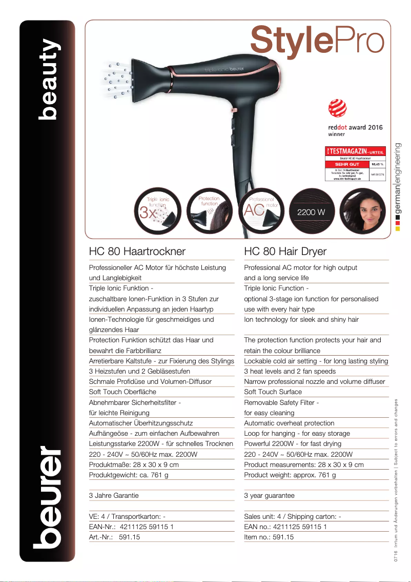 Page 1 de la notice Fiche technique Beurer HC 80