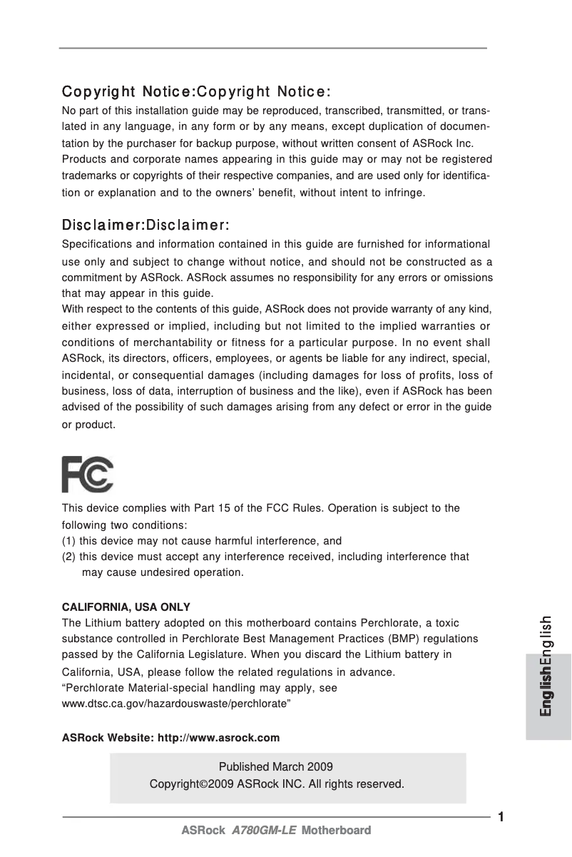 Imagen de la primera página del manual del dispositivo A780GM-LE