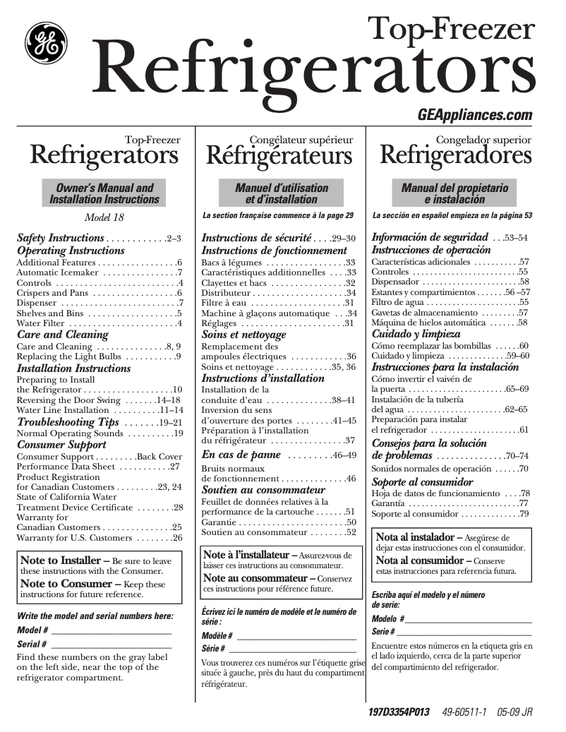Page 1 de la notice Manuel utilisateur GE GTS18KBPBB