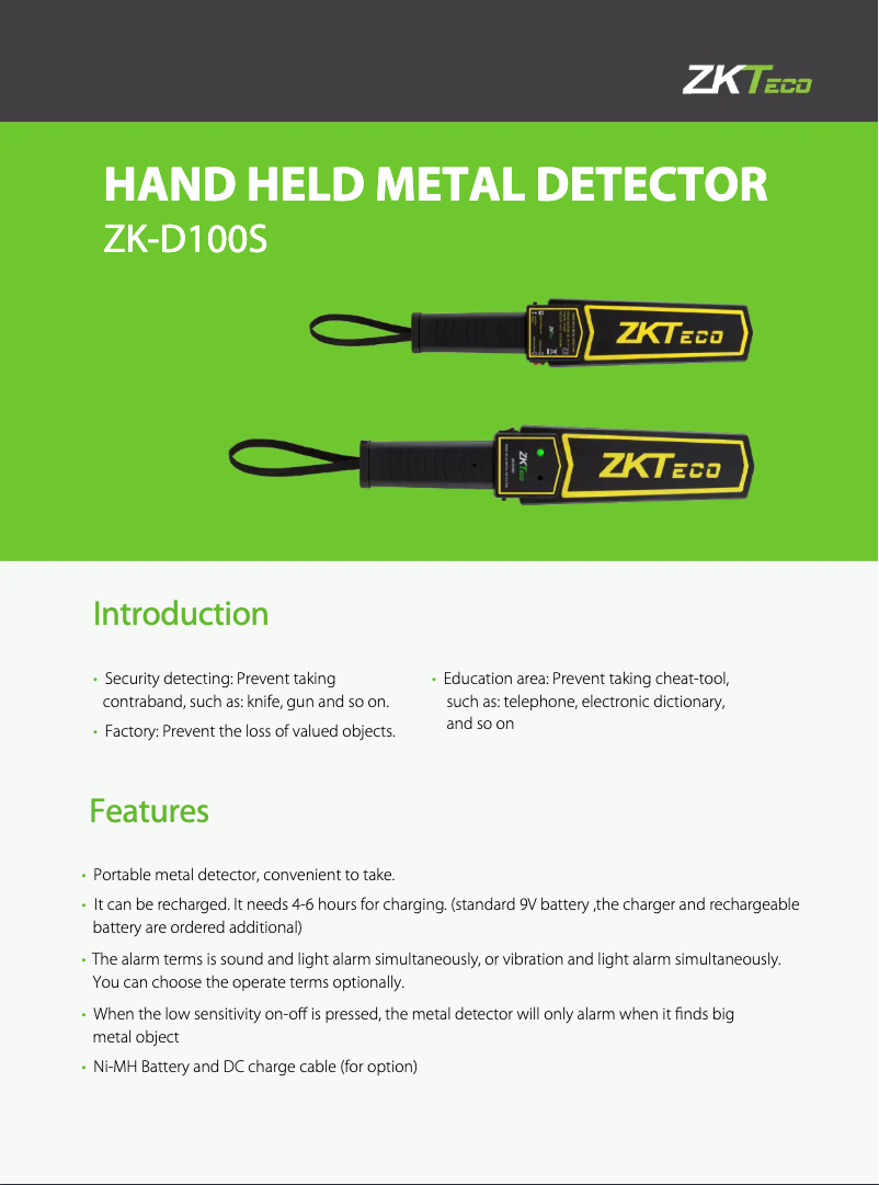 Page 1 de la notice Fiche technique ZKTeco ZK-D100S