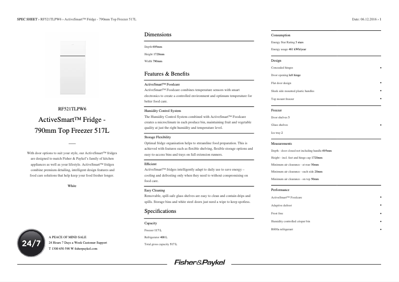 Page 1 de la notice Fiche technique Fisher & Paykel RF521TLPW6