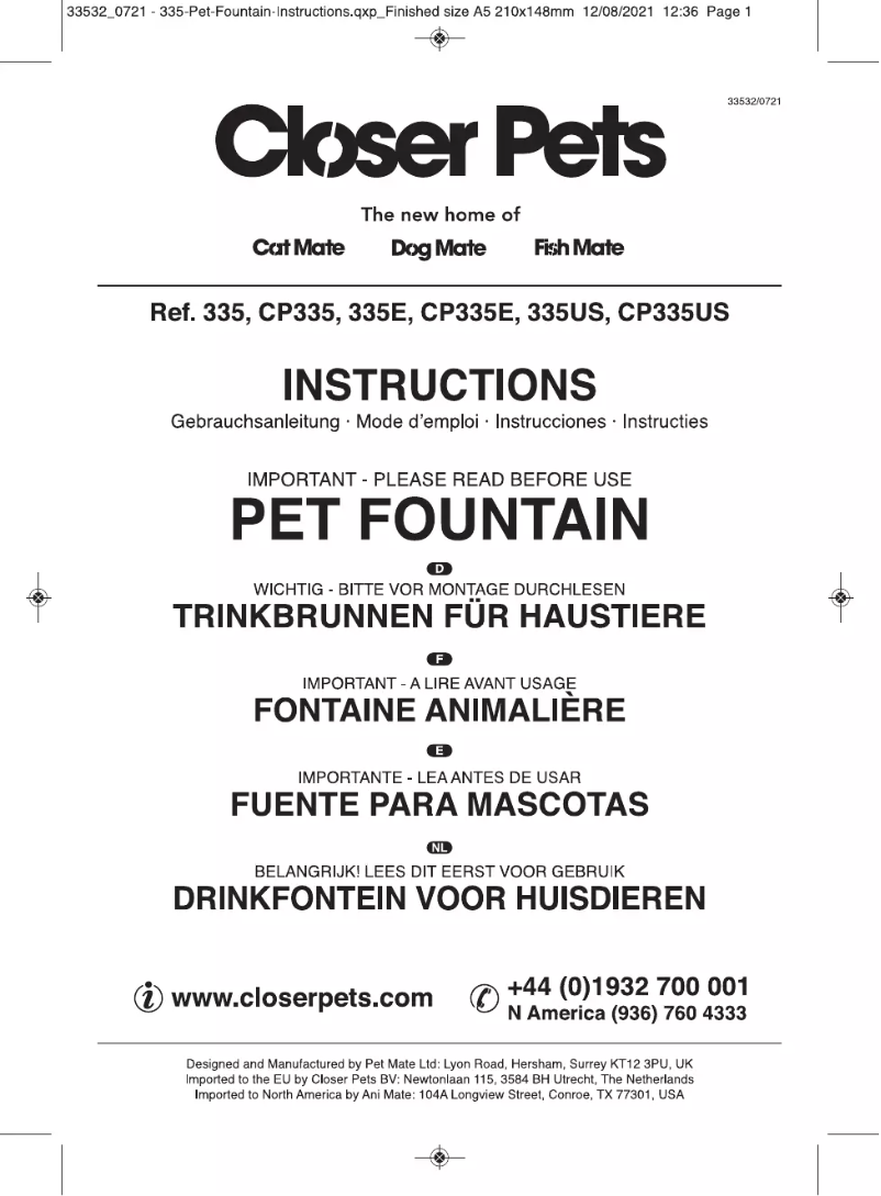 Page 1 de la notice Manuel utilisateur Closer Pets Cat Mate 335
