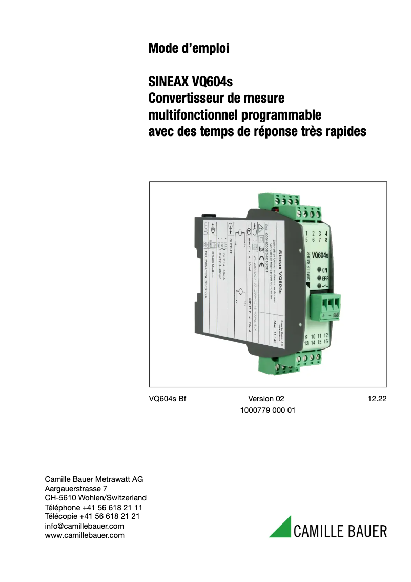 Page n°1 - Manuel utilisateur Camille Bauer SINEAX VQ604s