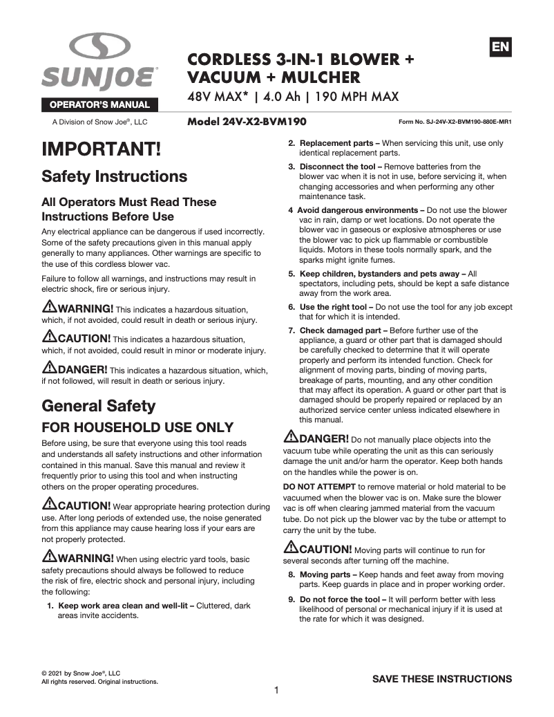 Page 1 de la notice Manuel utilisateur Sun Joe 24V-X2-BVM190