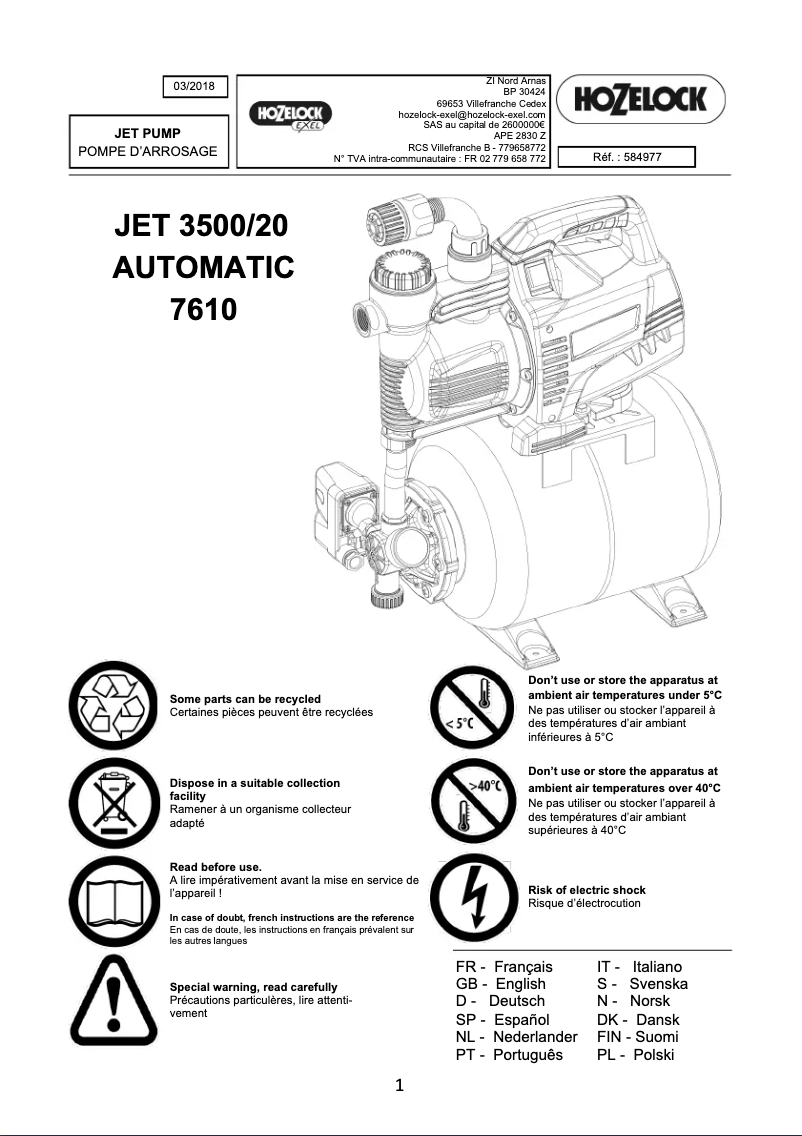 Page n°1 - Manuel utilisateur Hozelock Jet 3500/20 Automatic 7610