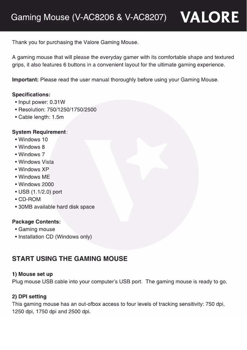 Page 1 de la notice Manuel utilisateur Valore V-AC8206