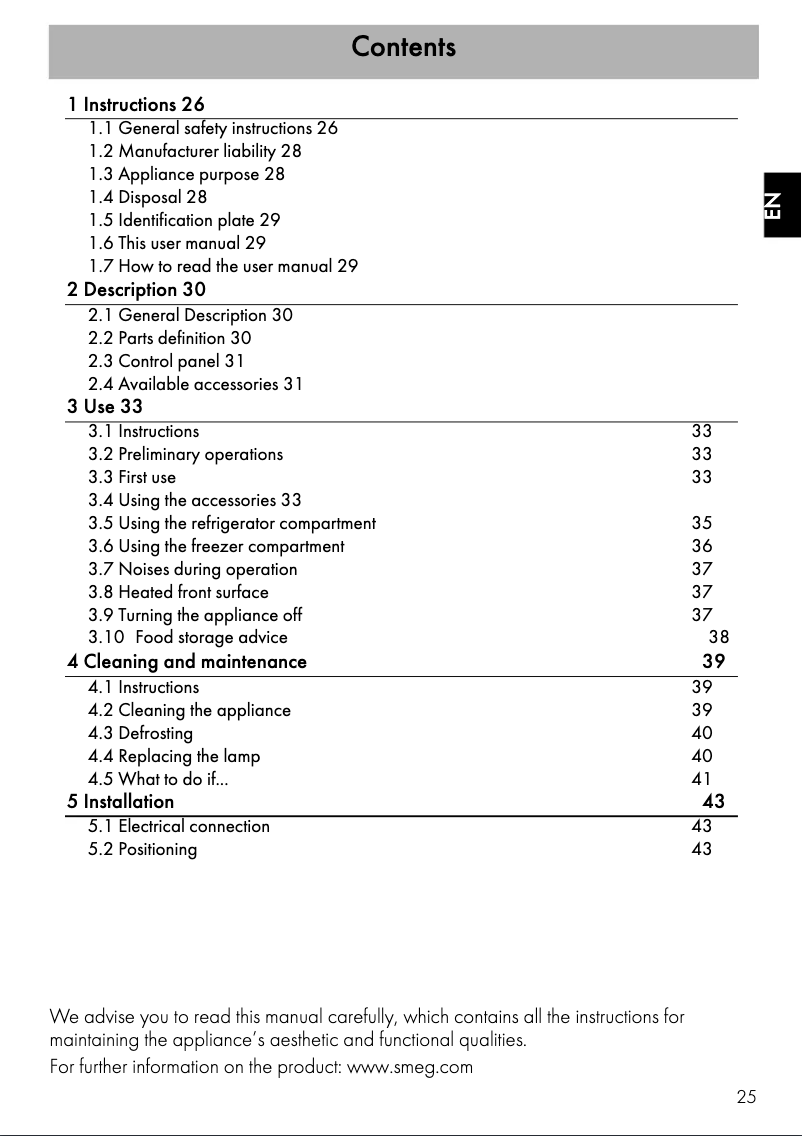 Page 1 de la notice Manuel utilisateur Smeg FAB28RO1