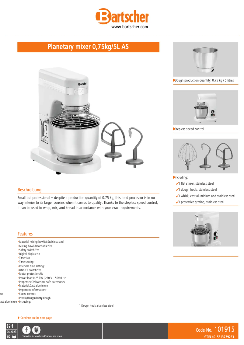 Page n°1 - Fiche technique Bartscher 101915