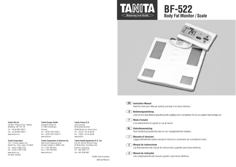 Page 1 de la notice Manuel utilisateur Tanita BF-522