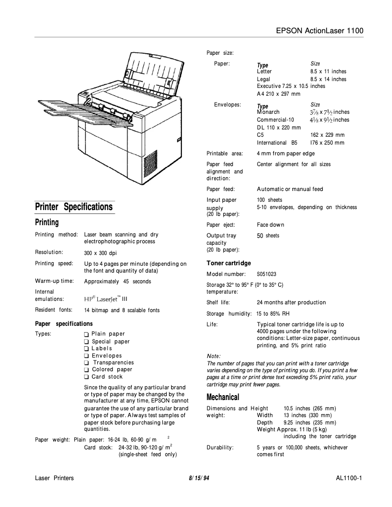 Página 1 del manual Ficha técnica Epson ActionLaser 1100