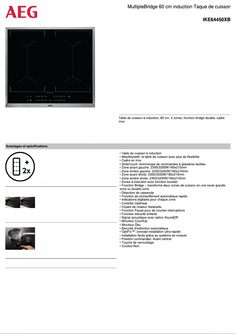 Page 1 de la notice Fiche technique AEG IKE64450XB